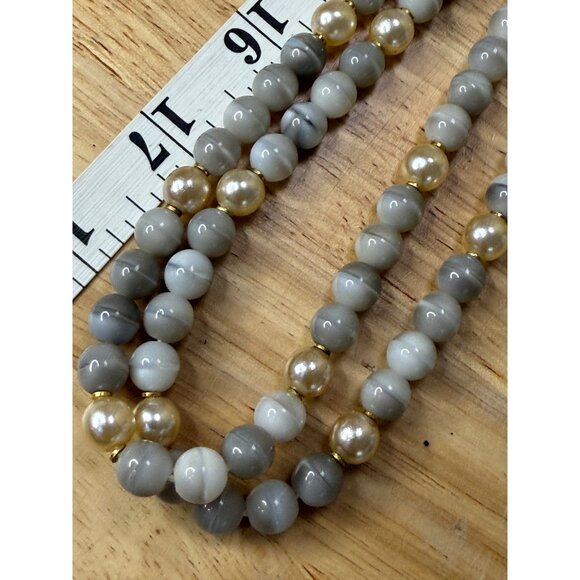 Long Beaded Necklace With Neutral Gray & Gold Tones - Picture 10 of 11